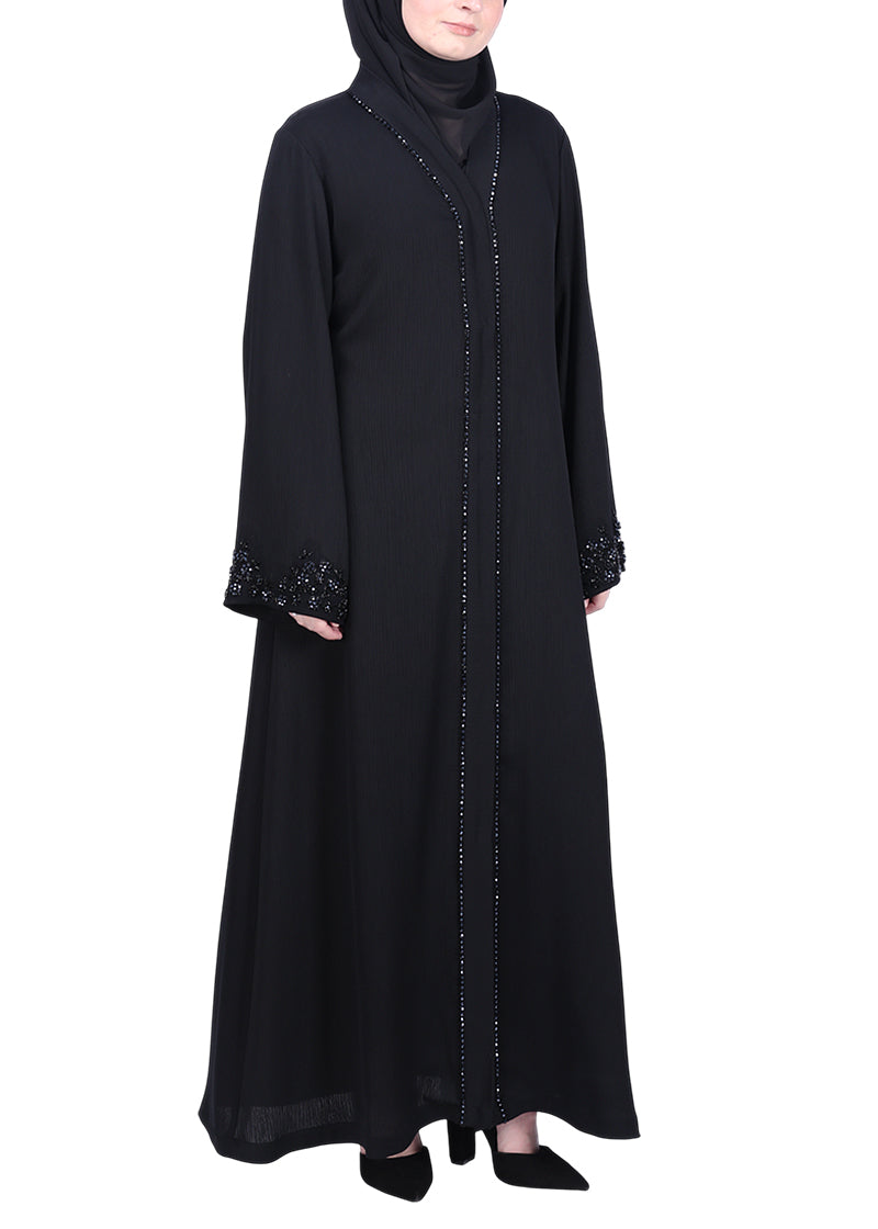 BeingMuslims Black Abaya with Glittering Crystal Embroidery on Front Panel and Sleeves Black
