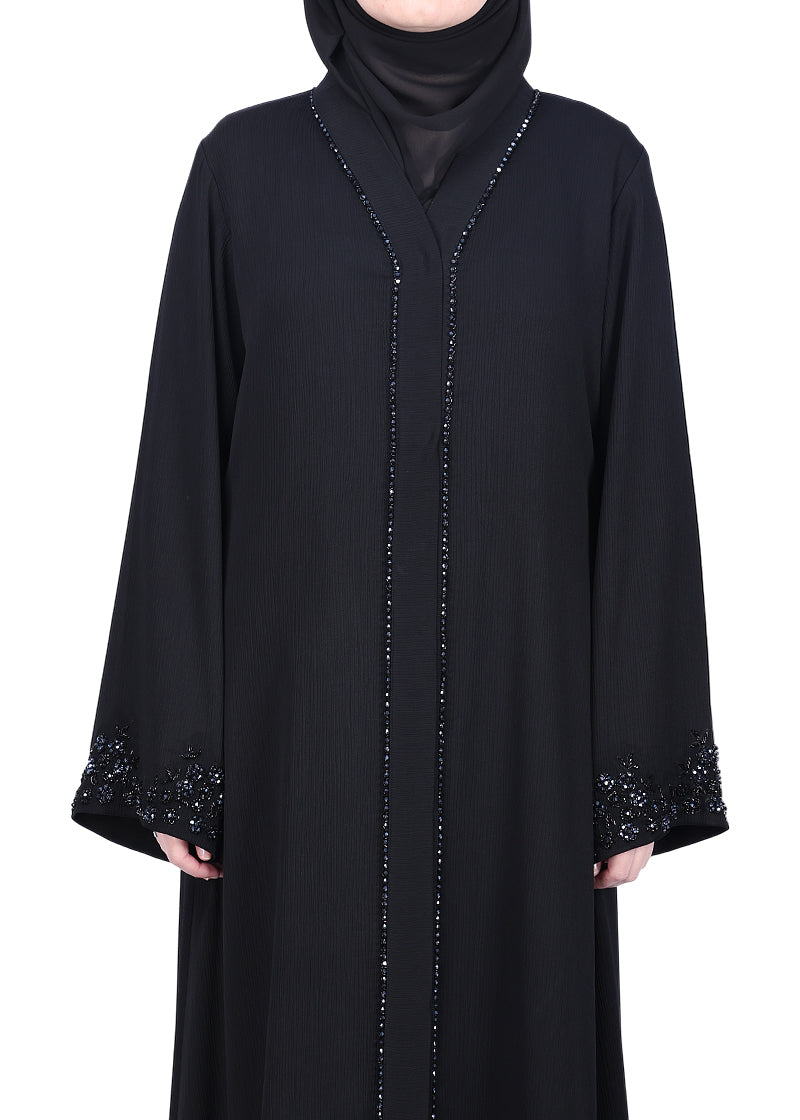 BeingMuslims Black Abaya with Glittering Crystal Embroidery on Front Panel and Sleeves Black