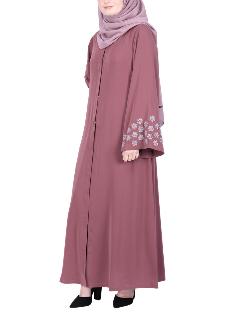 BeingMuslims Muted Abaya with Delicate Sleeve Embroidery Onion Pink