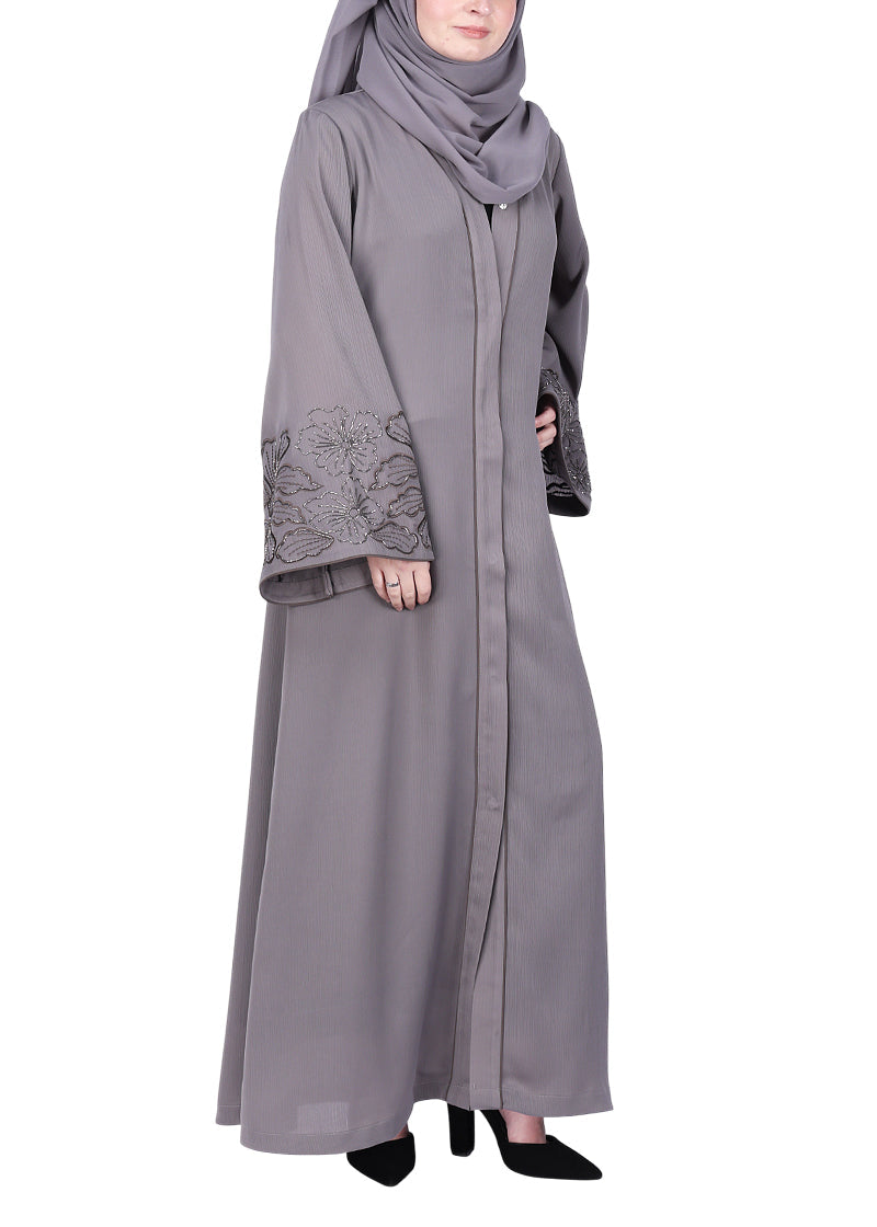 BeingMuslims Abaya Delicate Beads Embroidery in Large Floral Motifs Grey
