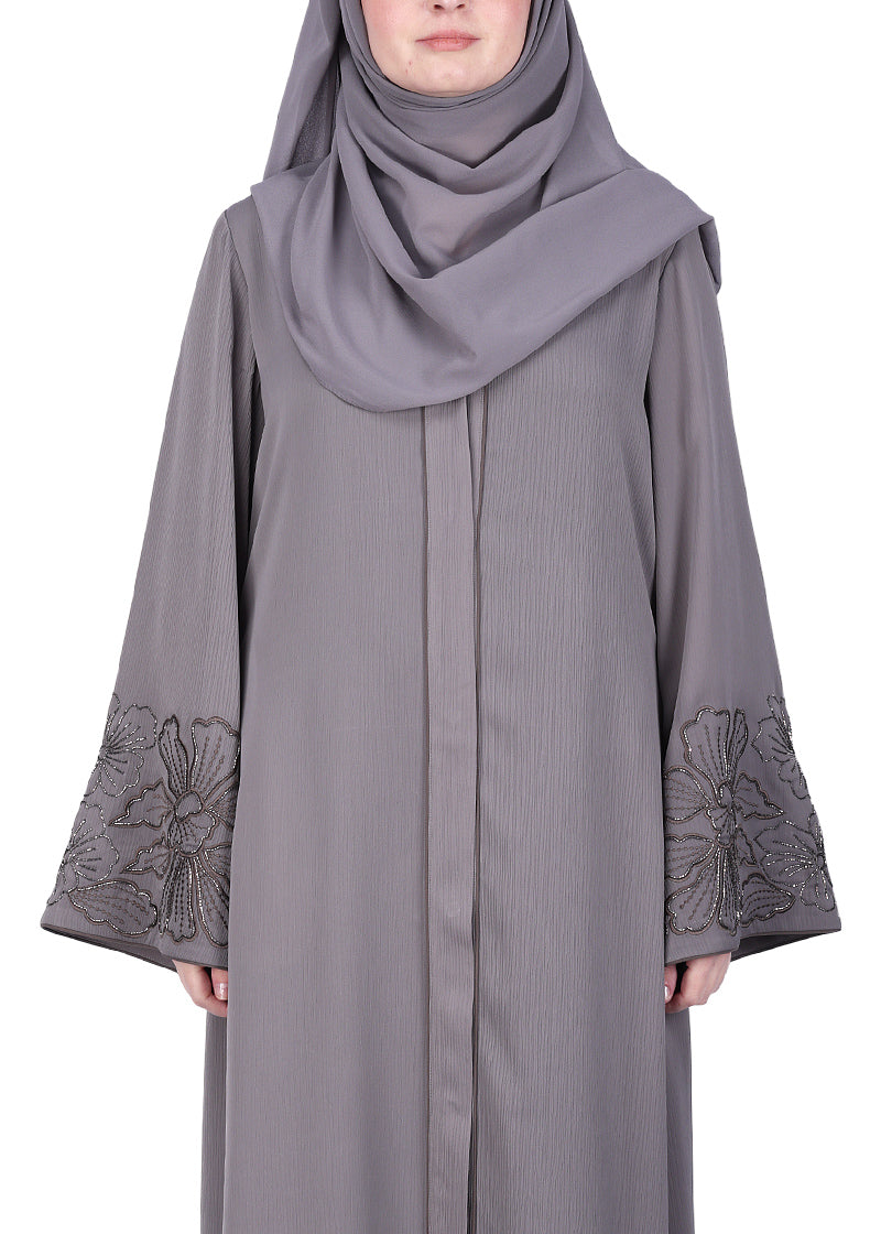 BeingMuslims Abaya Delicate Beads Embroidery in Large Floral Motifs Grey