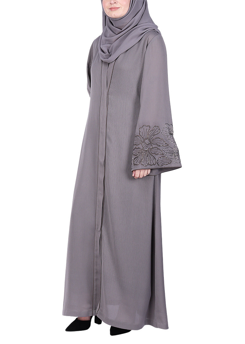 BeingMuslims Abaya Delicate Beads Embroidery in Large Floral Motifs Grey