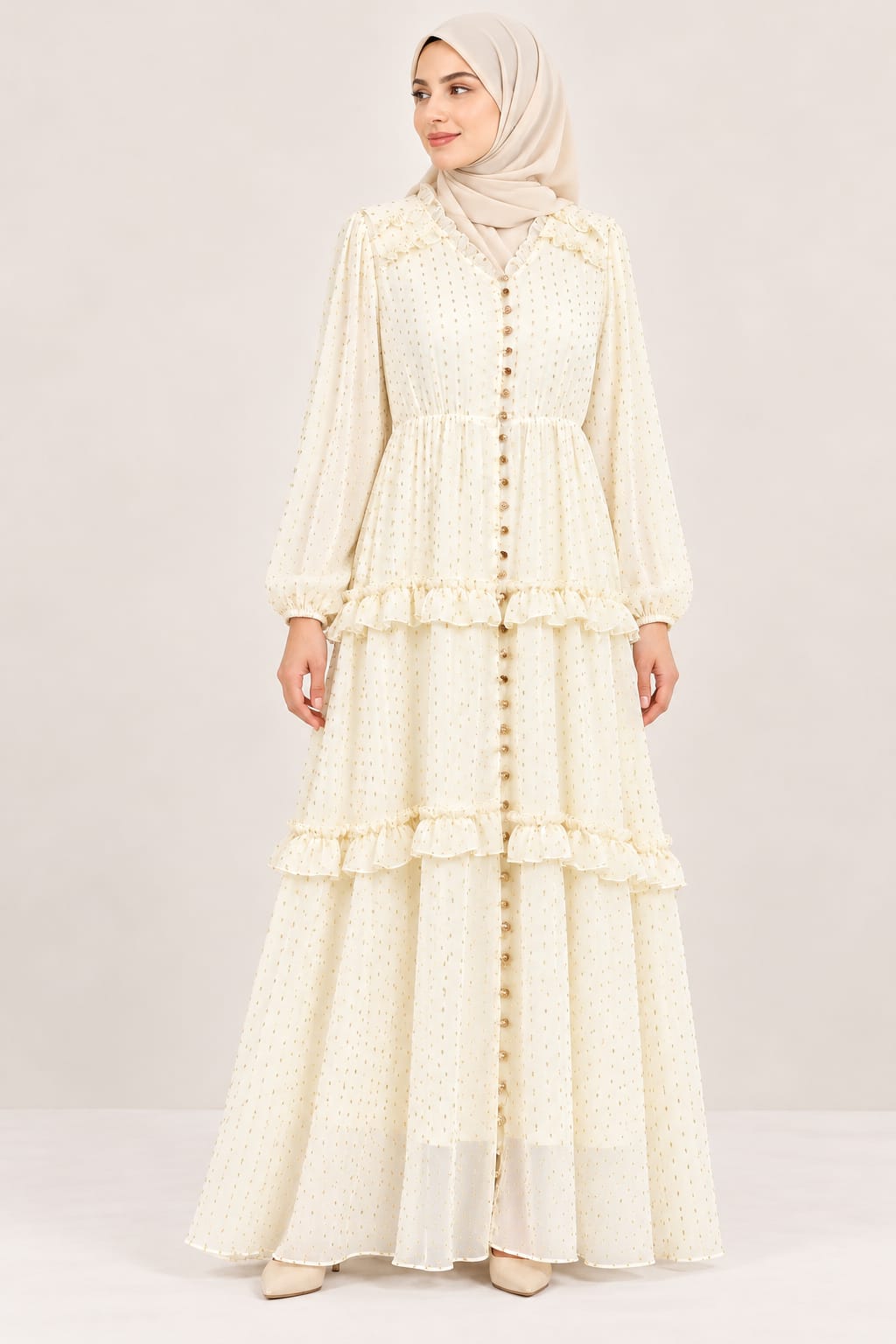 Ivory Golden-Dot Ruffle Maxi Dress