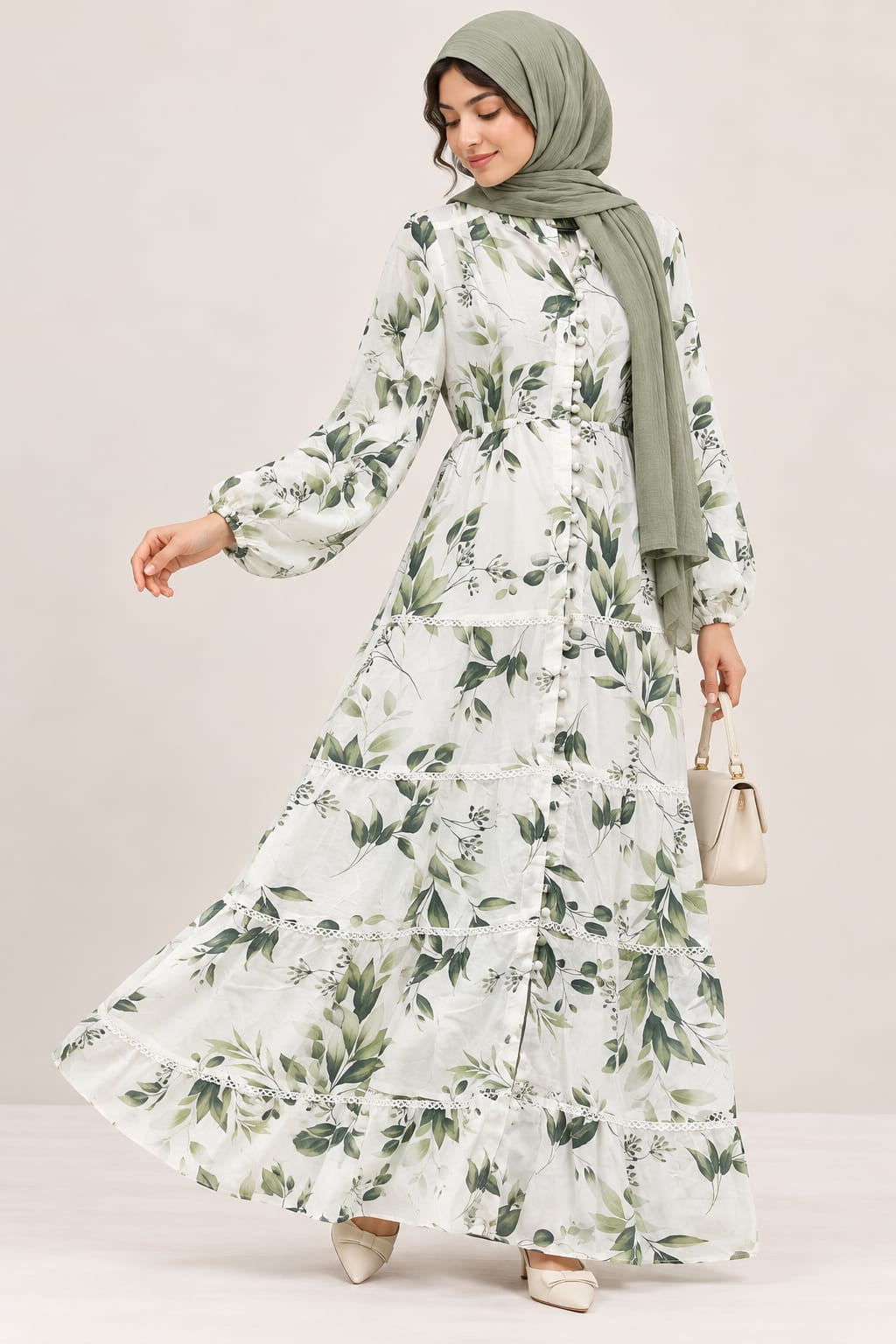 Sage Botanical Button-Front Maxi Dress