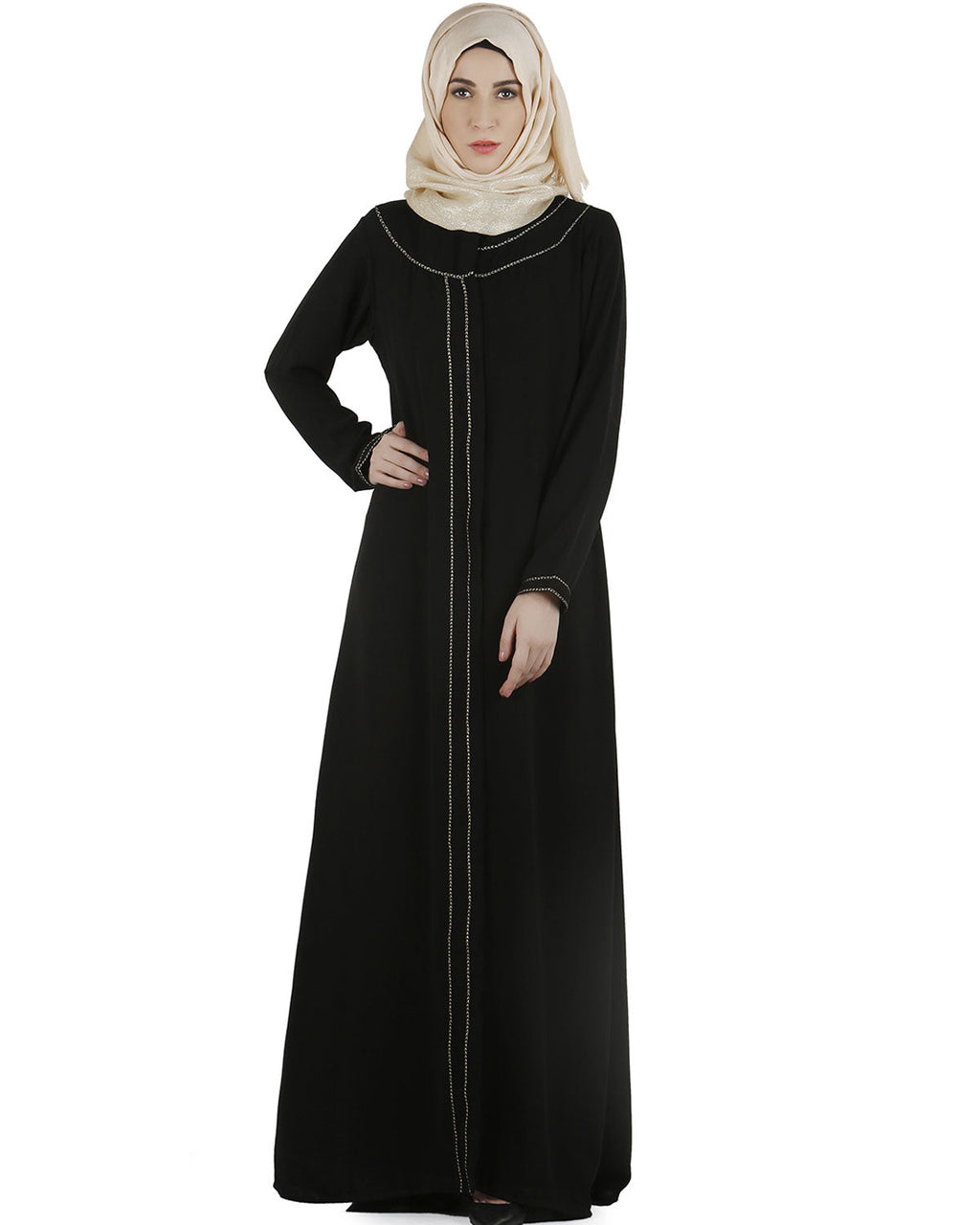 Popular gold zari abaya Black