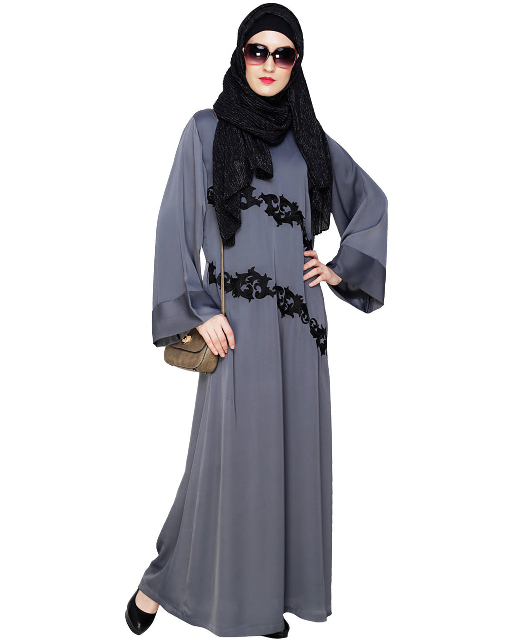 Fancy Embroidered Dubai Style Abaya Grey