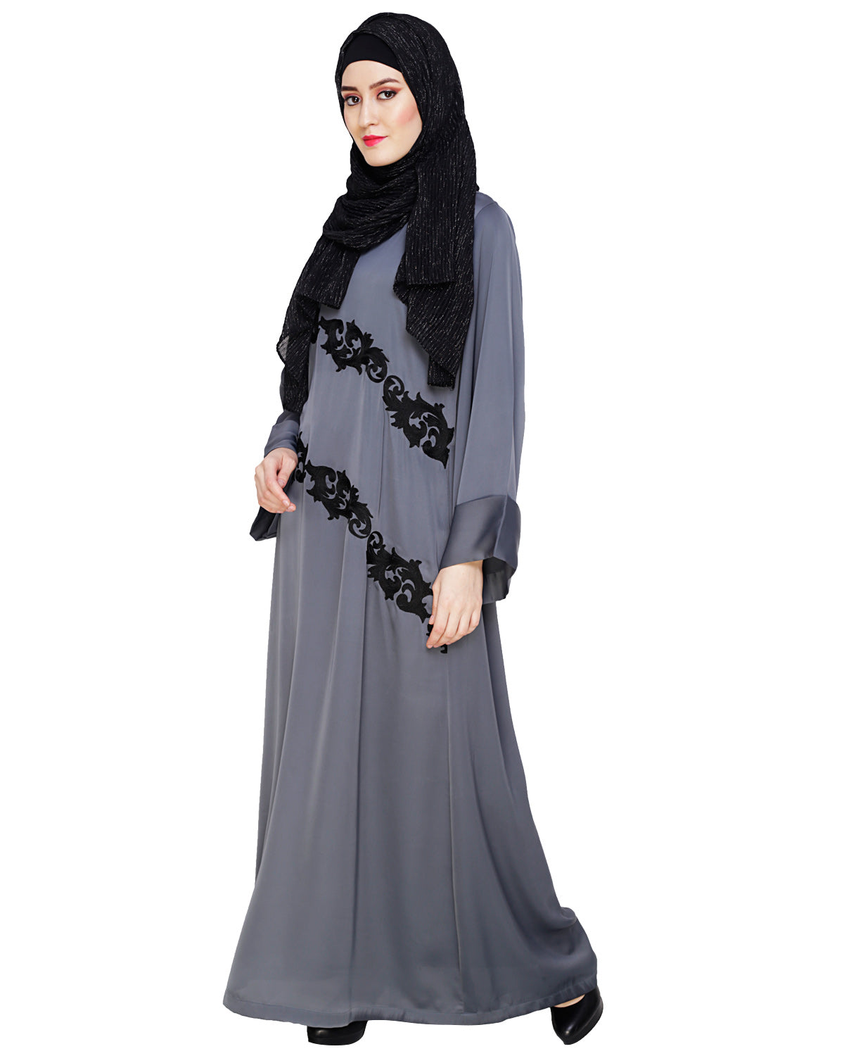 Fancy Embroidered Dubai Style Abaya Grey
