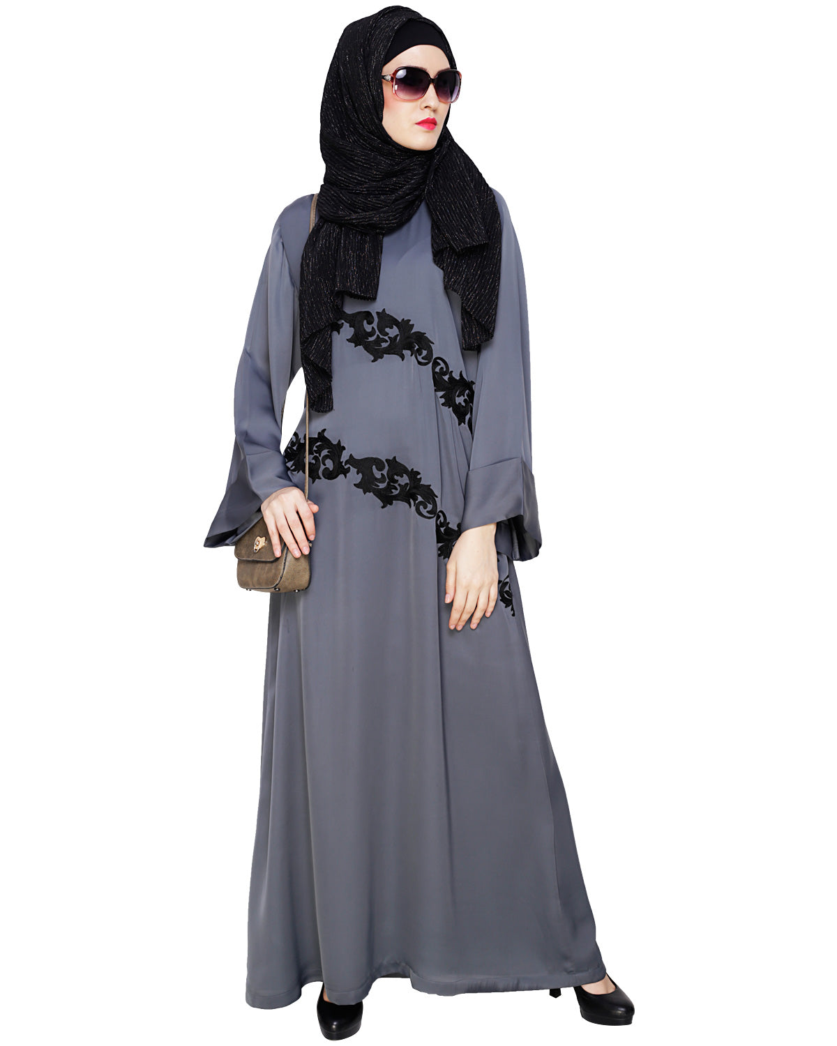 Fancy Embroidered Dubai Style Abaya Grey