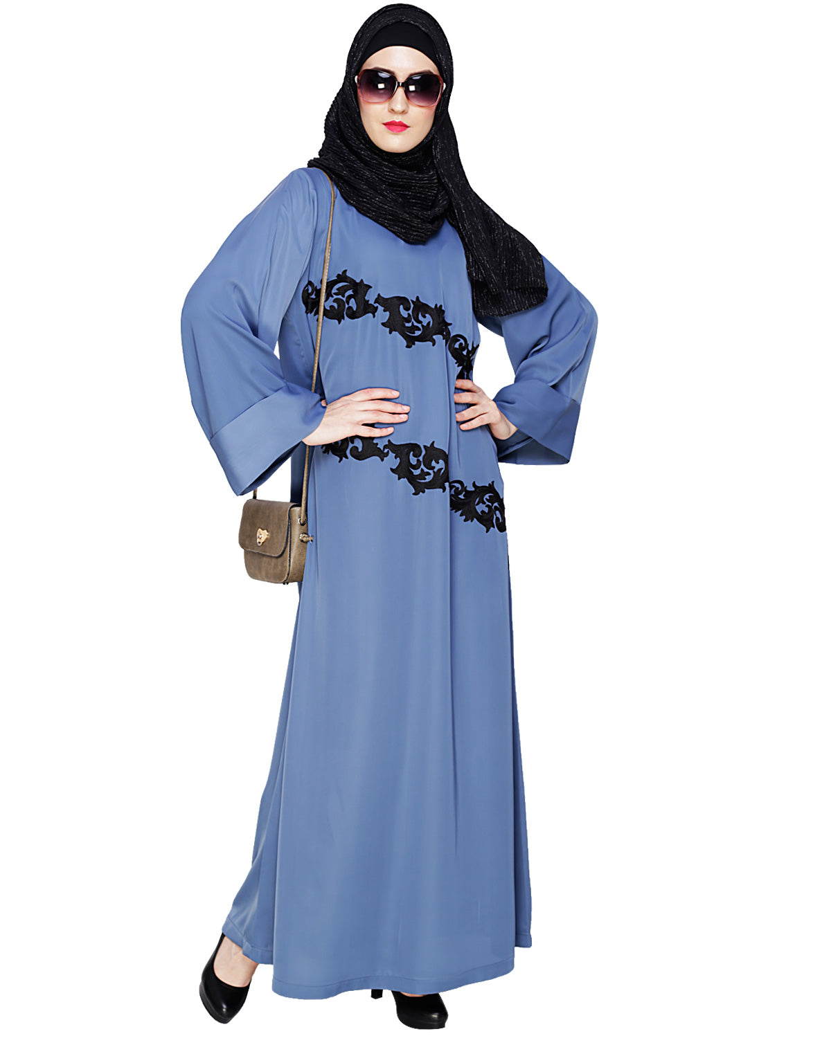 Fancy Embroidered Dubai Style Abaya Steel Blue