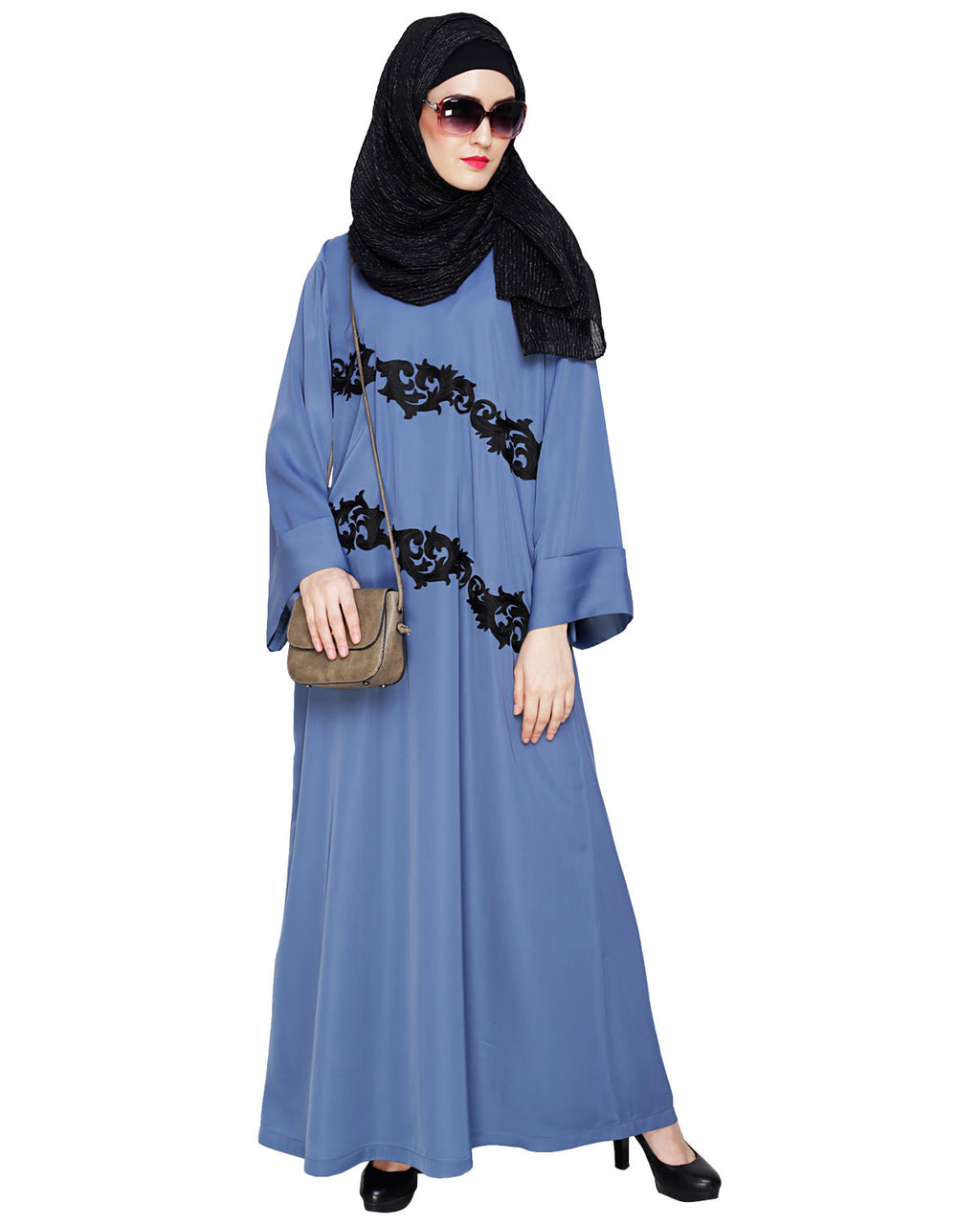 Fancy Embroidered Dubai Style Abaya Steel Blue