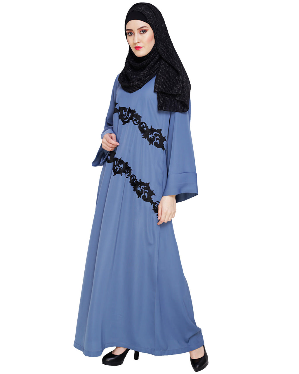 Fancy Embroidered Dubai Style Abaya Steel Blue