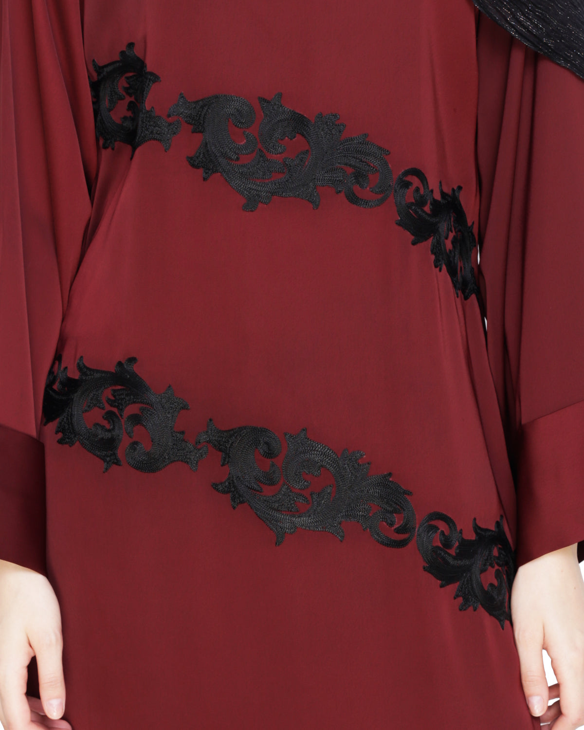 Fancy Embroidered Dubai Style Abaya Wine