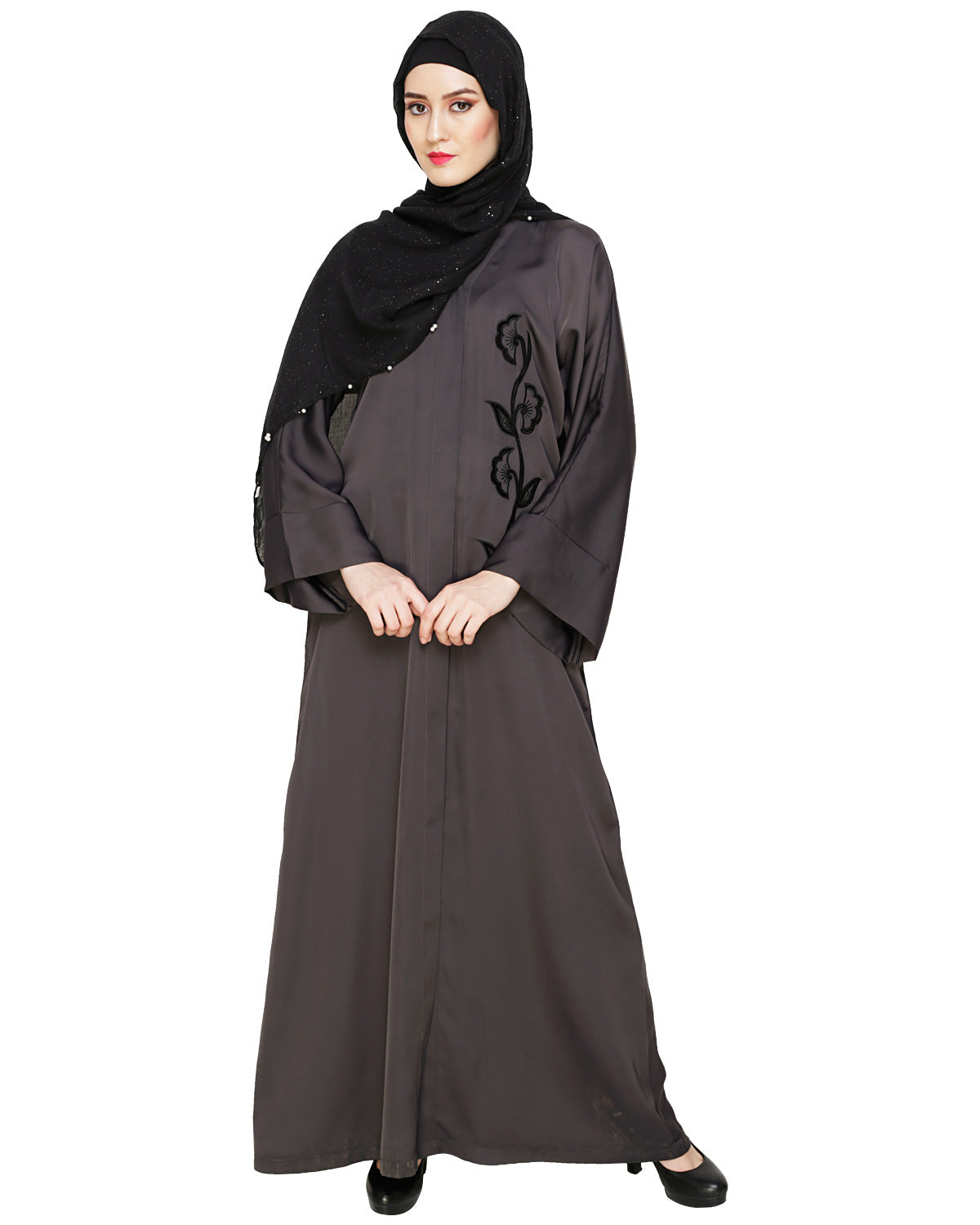 Exclusive Applique Dubai Style Abaya Dark Grey