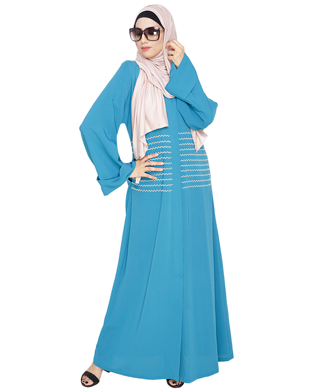 Jazzy Embroidered Dubai Style Abaya Teal Blue