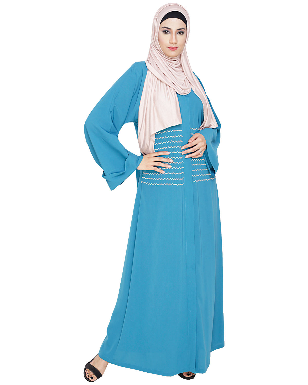 Jazzy Embroidered Dubai Style Abaya Teal Blue