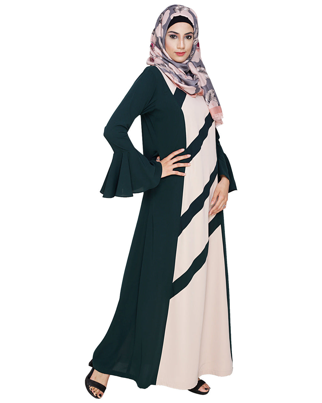 Flouncy Sleeve Dubai style Abaya Bottle Green