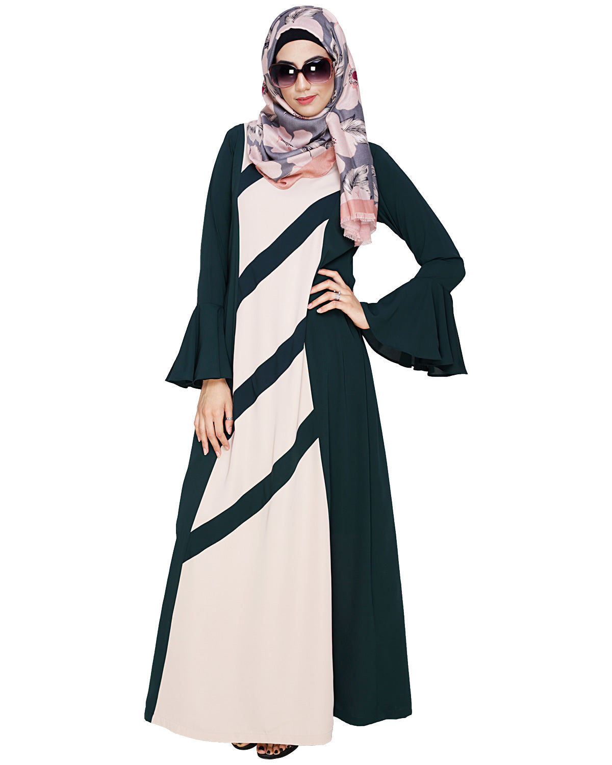 Flouncy Sleeve Dubai style Abaya Bottle Green