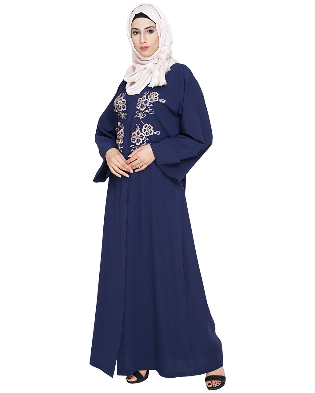 Floweret Embroidered Dubai Style Abaya Blue