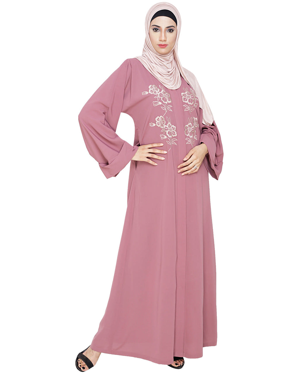 Floweret Embroidered Dubai Style Abaya Onion Pink