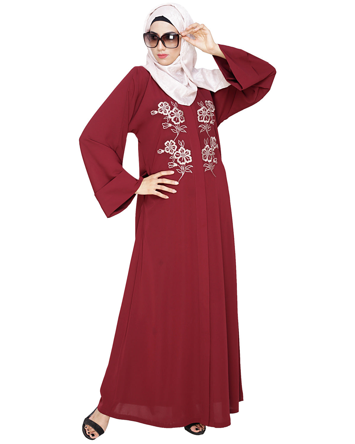 Floweret Embroidered Dubai Style Abaya Wine