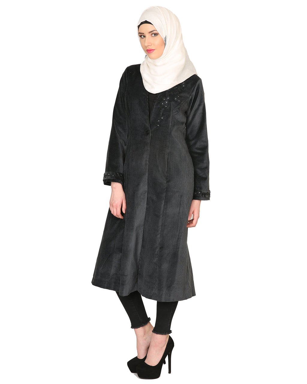 Velvet Pearl Hand-Embroidery Coat Black