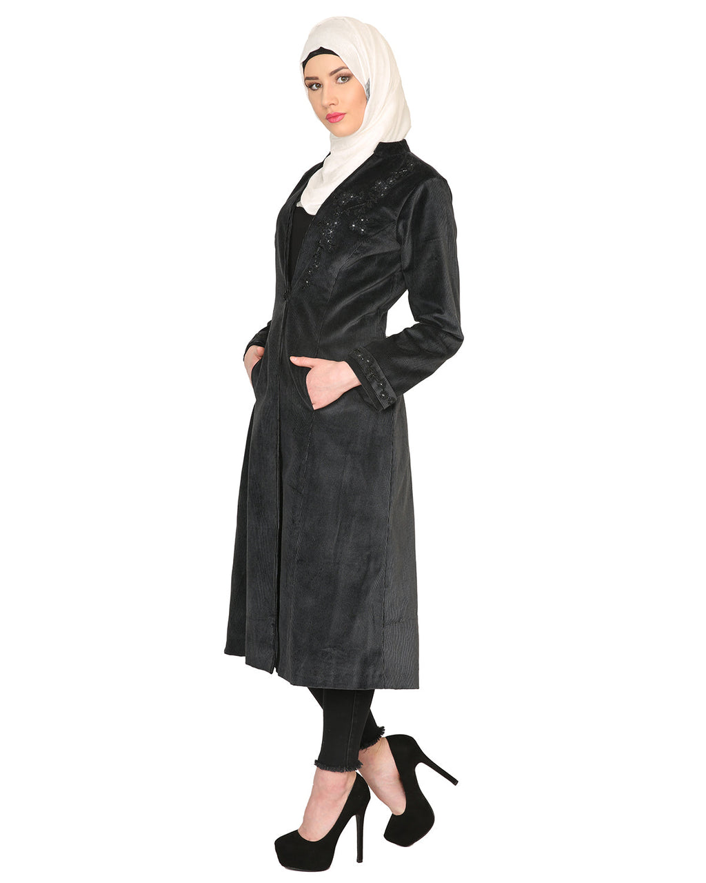 Velvet Pearl Hand-Embroidery Coat Black