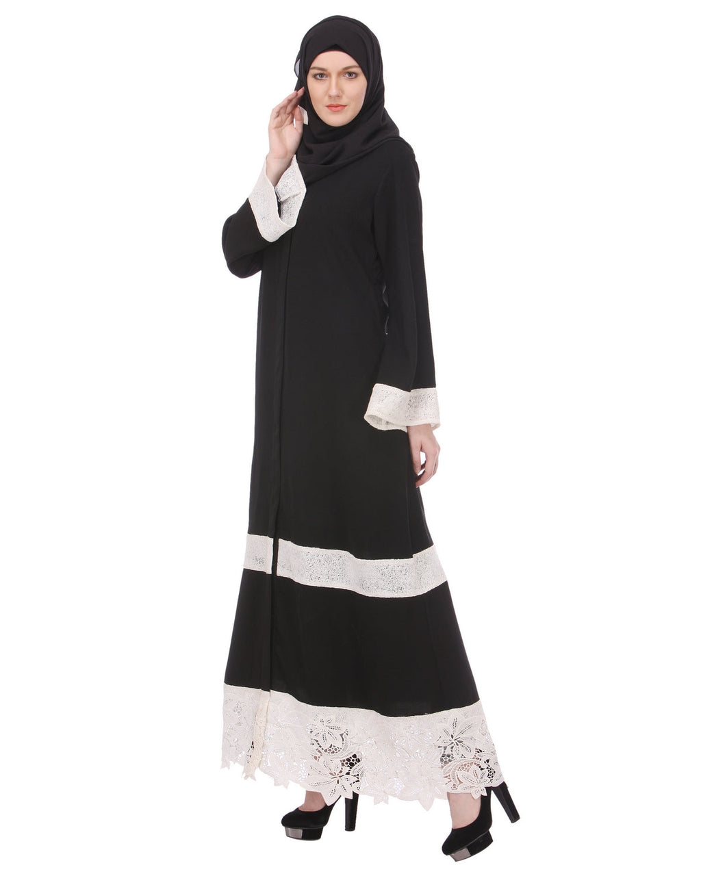Basic Abaya with White Net Trims Black