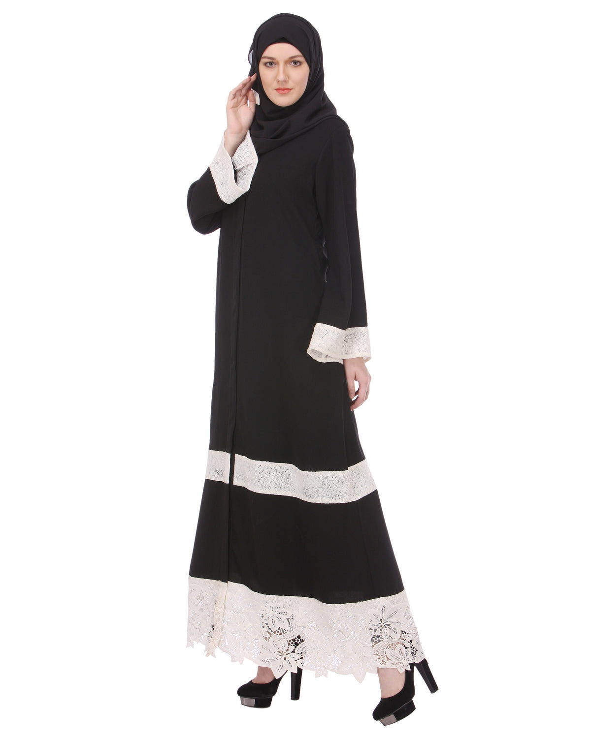 Basic Abaya with White Net Trims Black