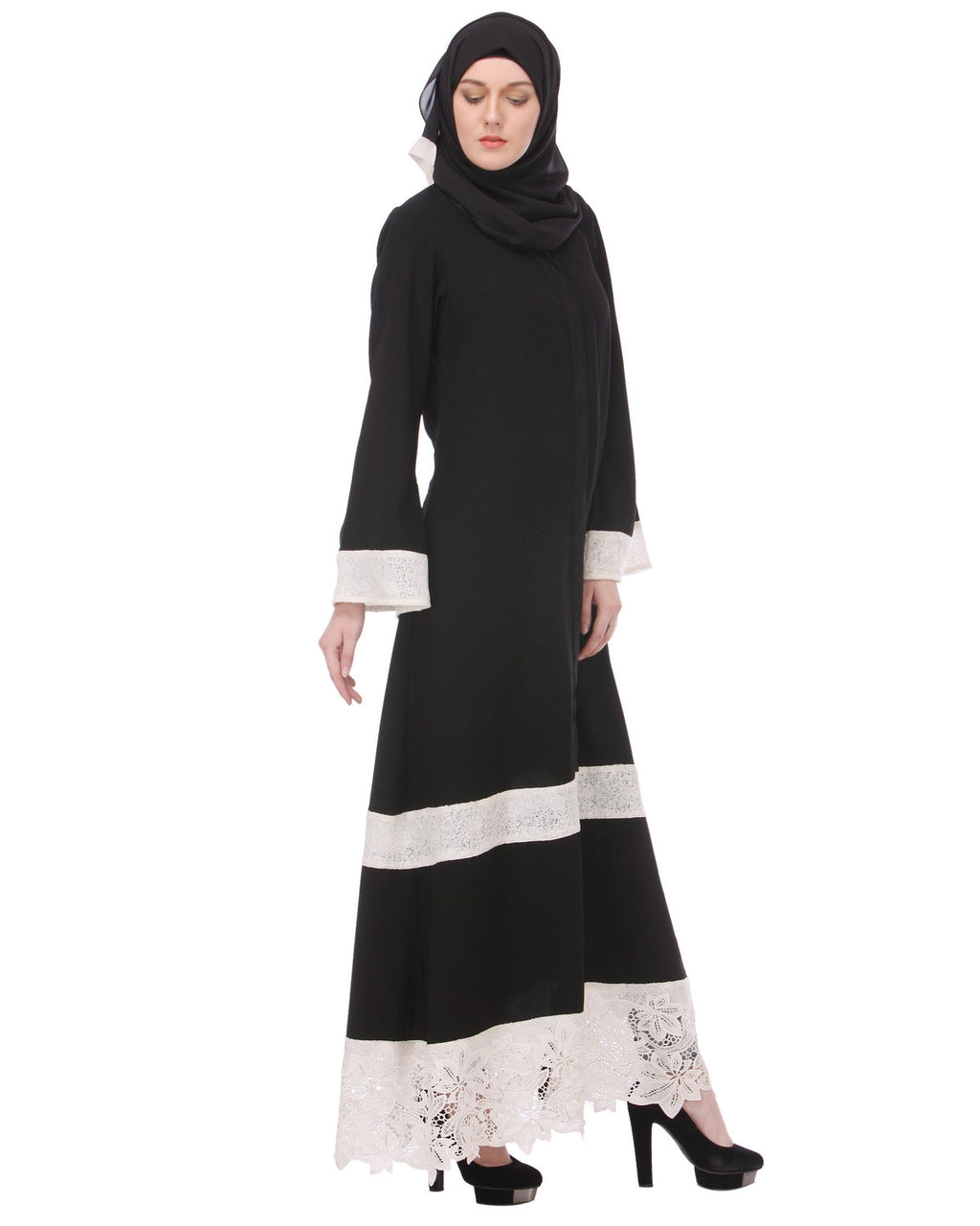 Basic Abaya with White Net Trims Black