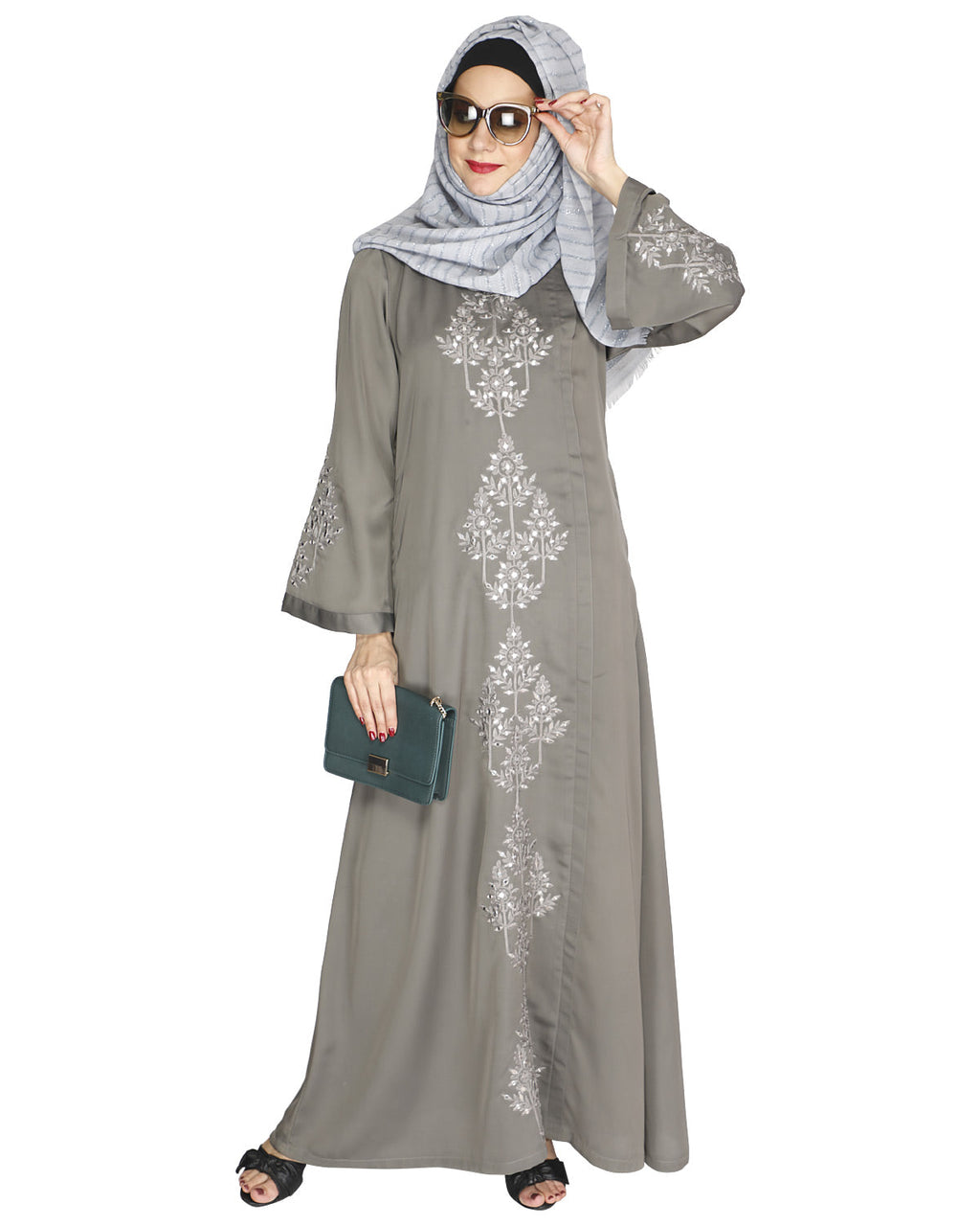 Prismatic Mirror Work Abaya Grey