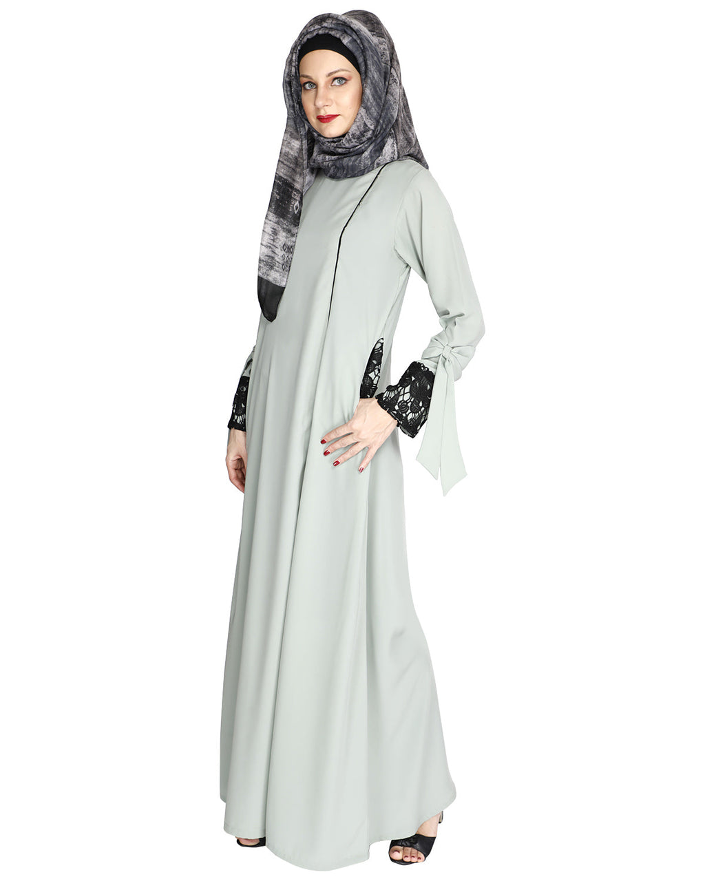 Lace & Bow Detailed Abaya Sage Green