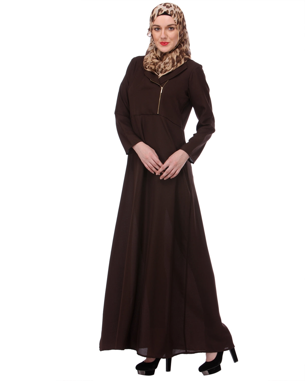Zipped Brown Formal wear Abaya Brown