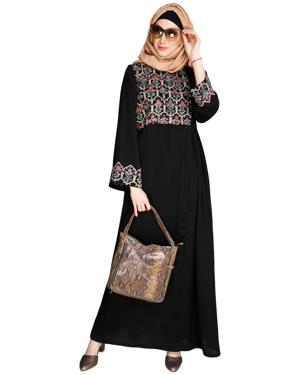 Majorelle Floral Pleated Abaya Black