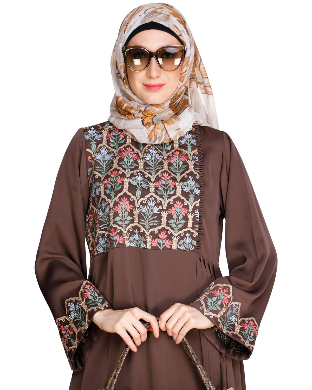 Majorelle Floral Pleated Abaya Oak Brown