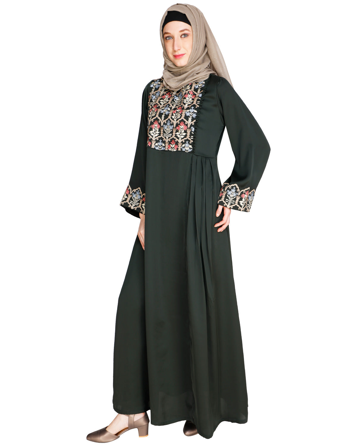 Majorelle Floral Pleated Abaya OLIVE GREEN