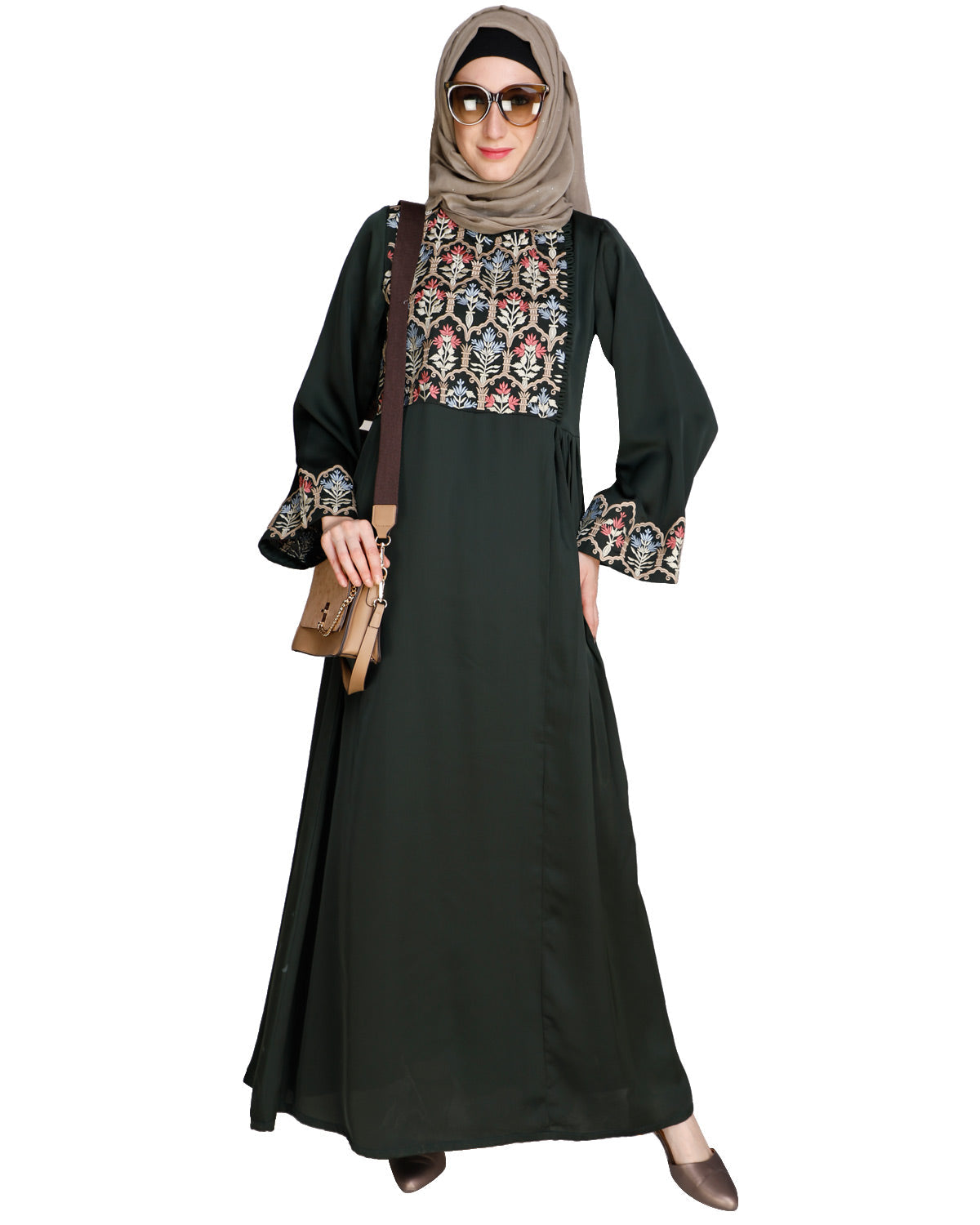 Majorelle Floral Pleated Abaya OLIVE GREEN