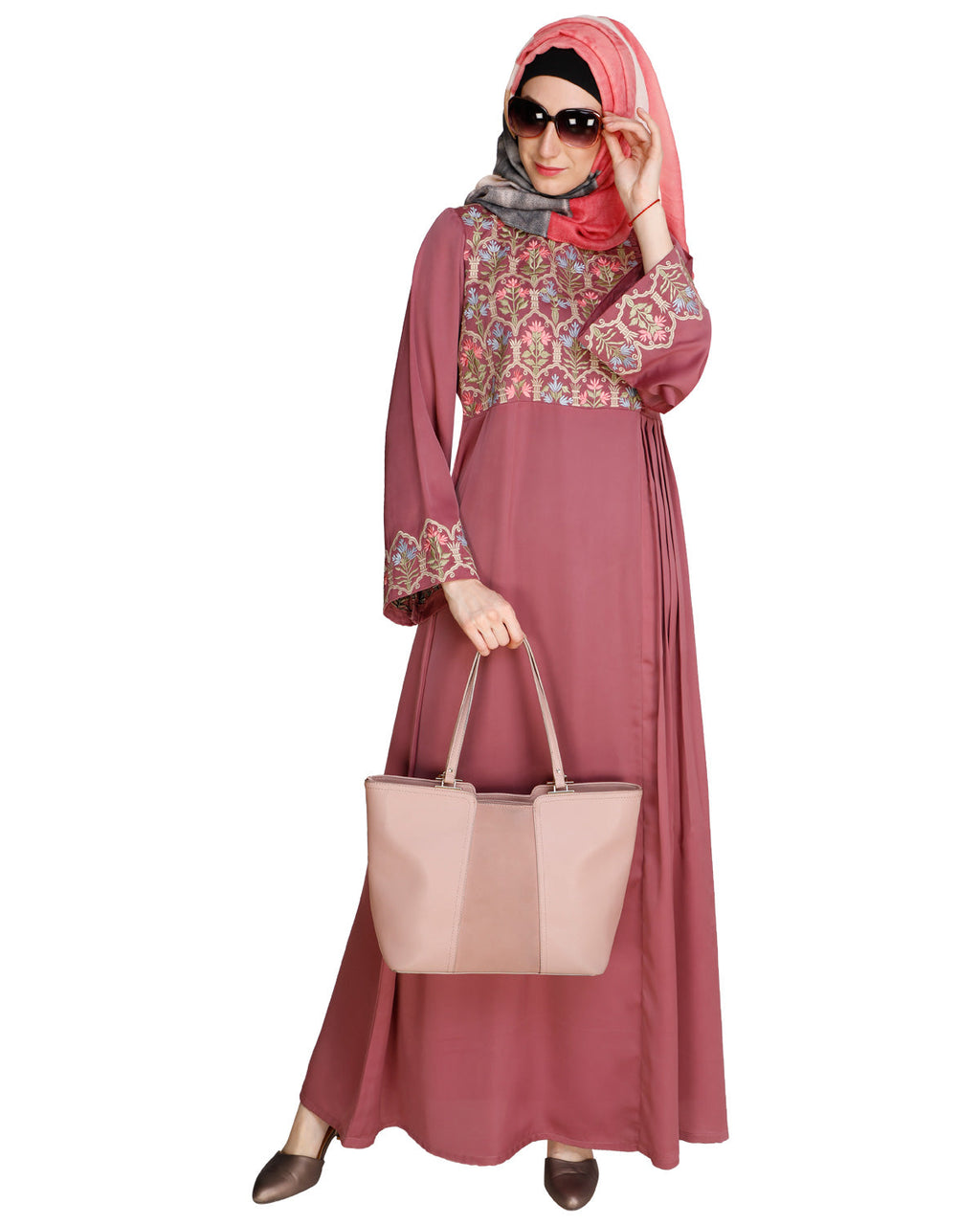 Majorelle Floral Pleated Abaya Onion Pink