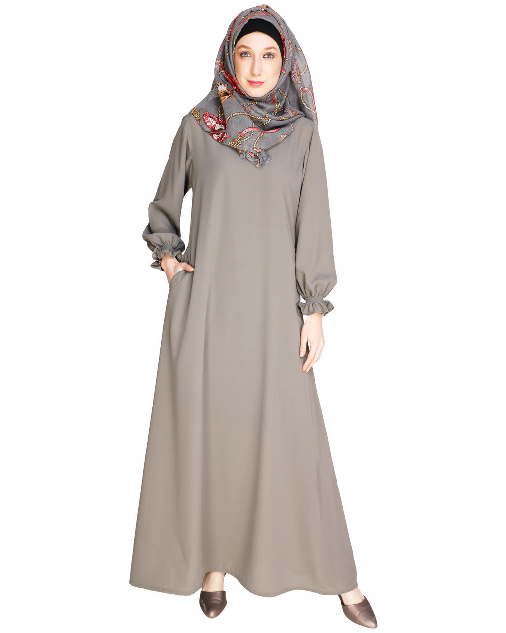 Gathered Sleeves Abaya Brown