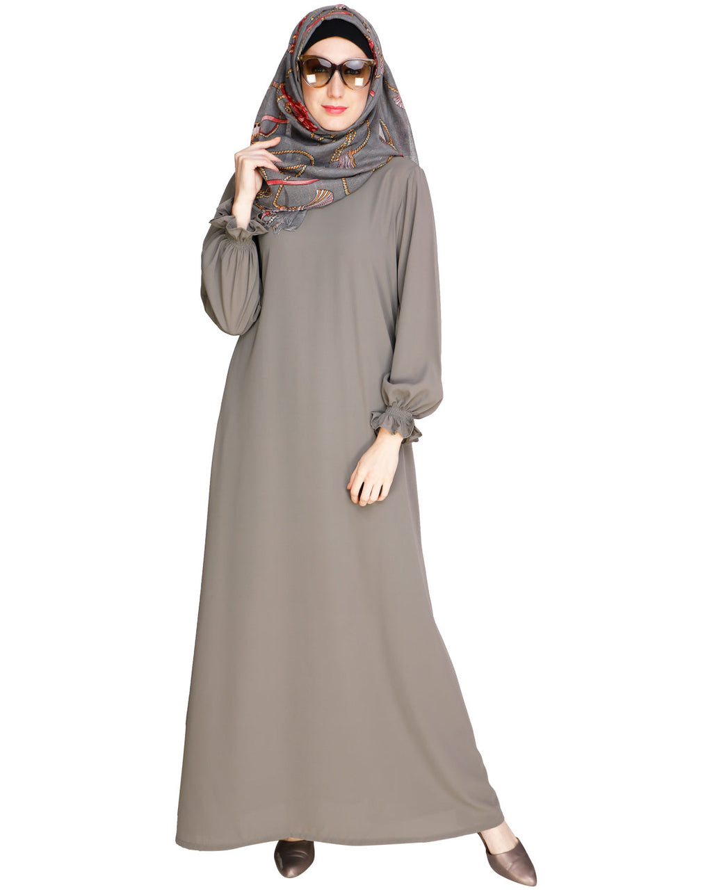 Gathered Sleeves Abaya Grey
