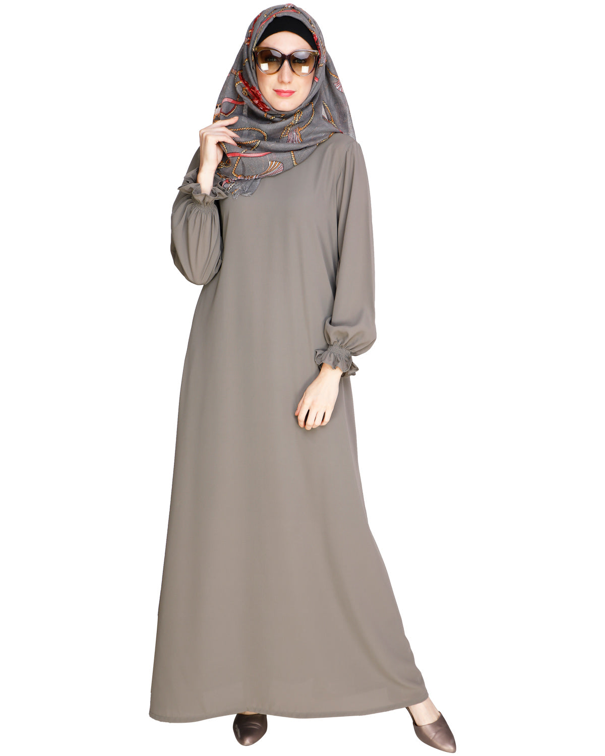 Gathered Sleeves Abaya Grey