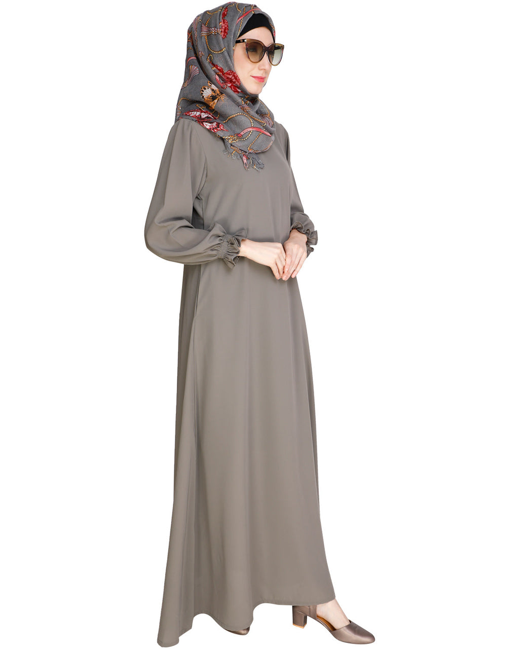 Gathered Sleeves Abaya Grey