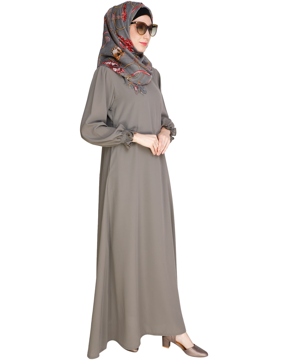 Gathered Sleeves Abaya Grey