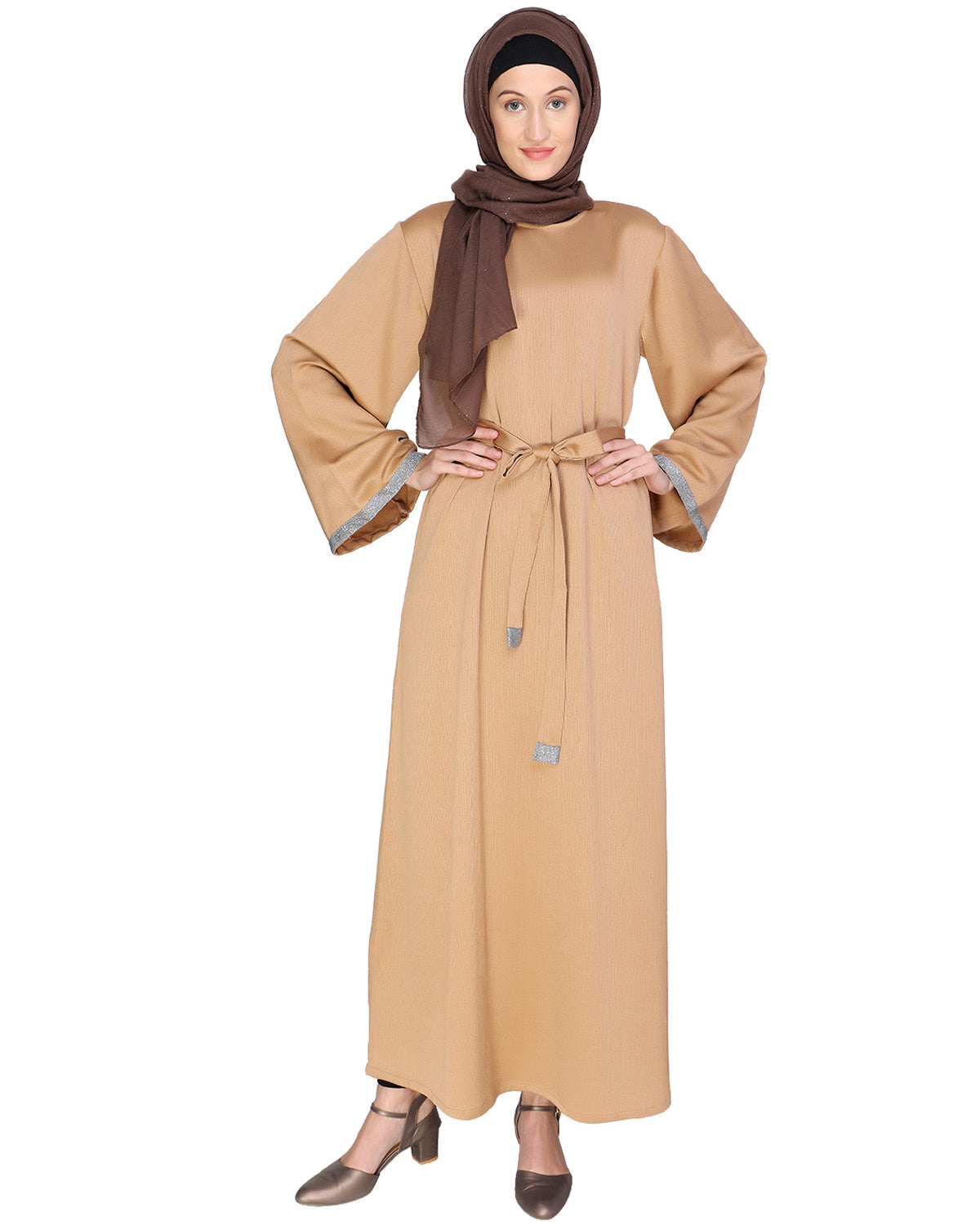 Shimmer Trimmed Dubai Style Abaya Beige