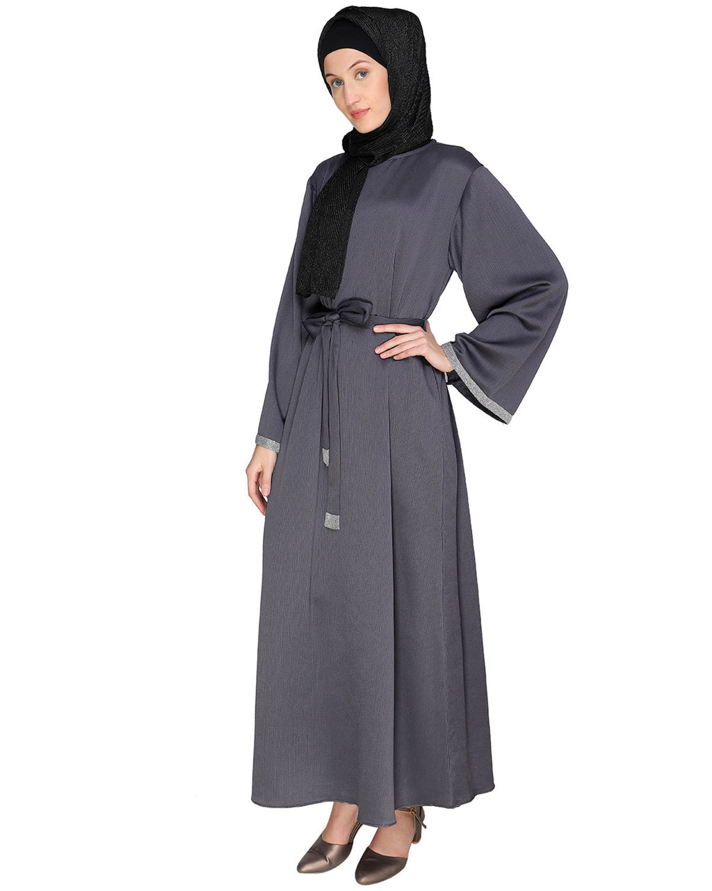 Shimmer Trimmed Dubai Style Abaya Grey