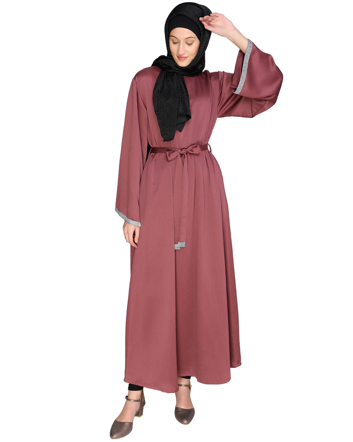 Shimmer Trimmed Dubai Style Abaya Pink