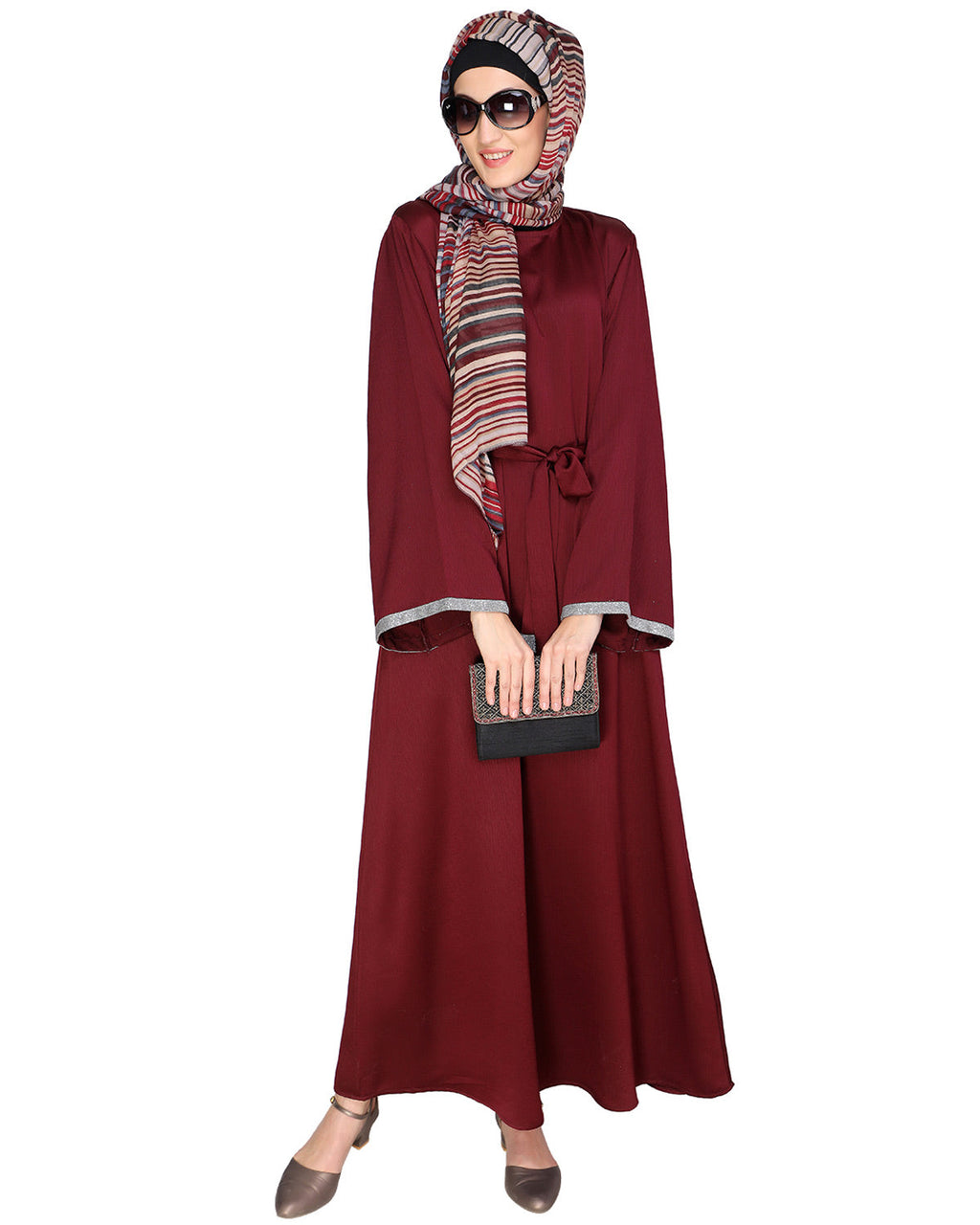 Shimmer Trimmed Dubai Style Abaya Wine