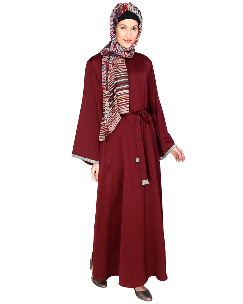 Shimmer Trimmed Dubai Style Abaya Wine