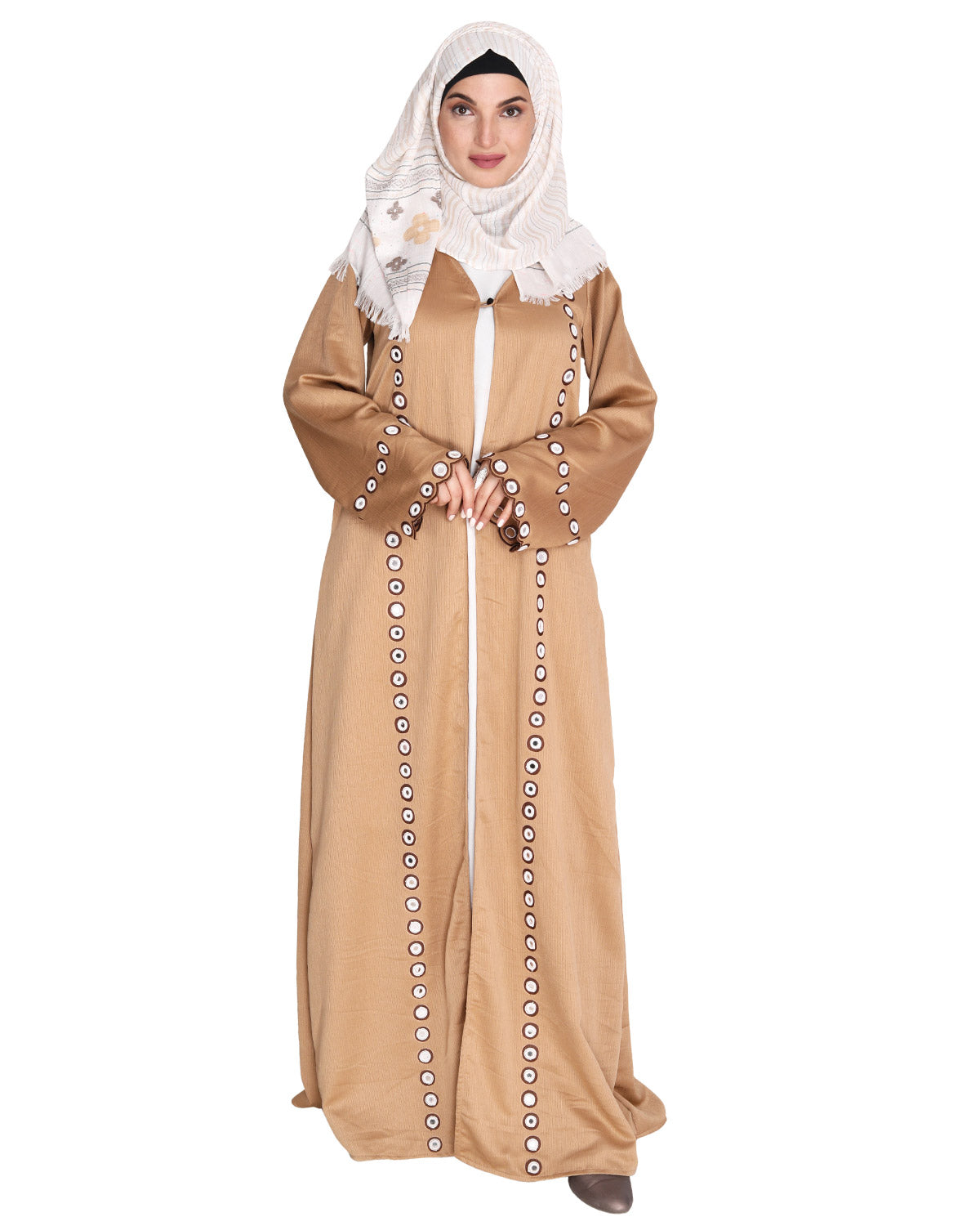 Jacket Style Abaya with Exquisite Mirror Work Beige