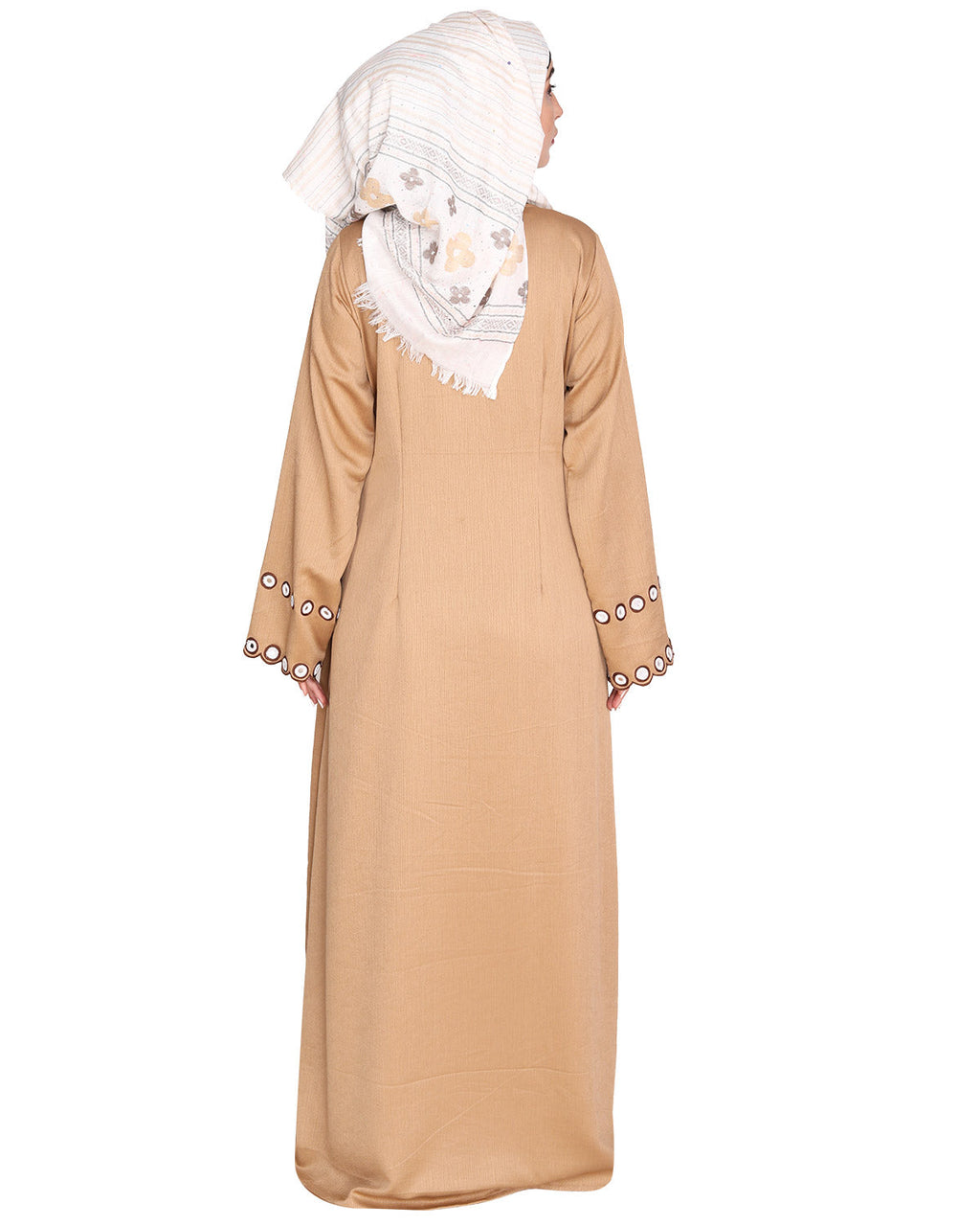 Jacket Style Abaya with Exquisite Mirror Work Beige