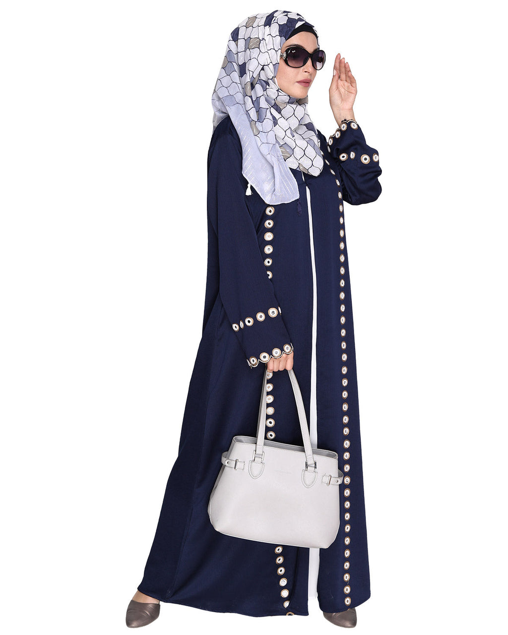 Jacket Style Abaya with Exquisite Mirror Work Blue